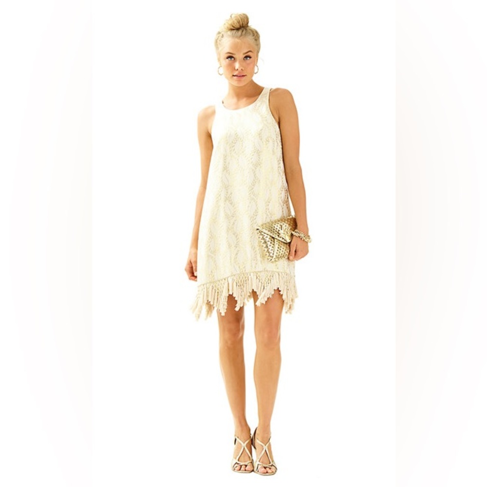 Lily Pulitzer Marquette Gold Metallic Silk Leaf Jacquard Dress